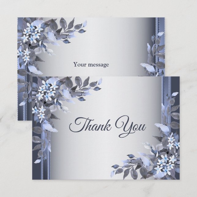 Wedding Navy Blue Floral Silver Elegant Thank You Card (Front/Back)