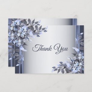 Wedding Navy Blue Floral Silver Elegant Thank You Card