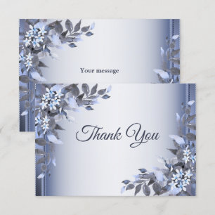 Wedding Navy Blue Floral Silver Elegant Thank You Card