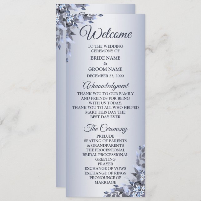 Wedding Navy Blue Floral Silver Elegant Welcome Program (Front/Back)