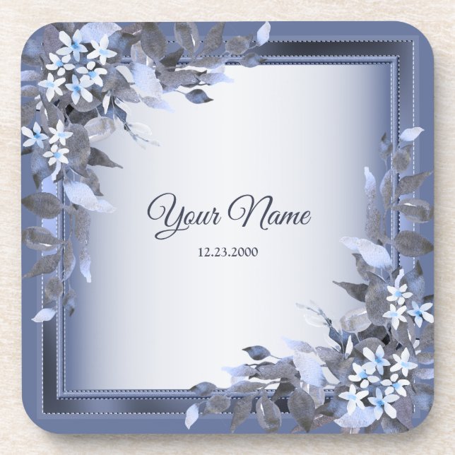 Wedding Navy Blue Floral Silver Gray Party Elegant Beverage Coaster (Front)