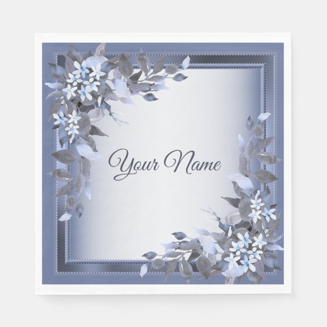 Wedding Navy Blue Floral Silver Gray Party Elegant Napkins (Front)