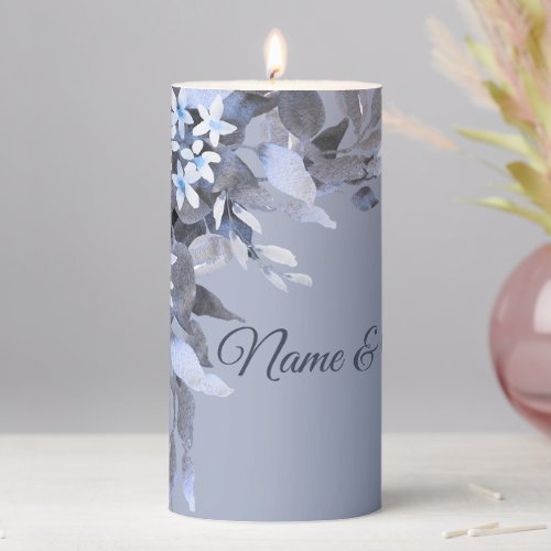 Wedding Navy Blue Floral Silver Gray Party Elegant Pillar Candle