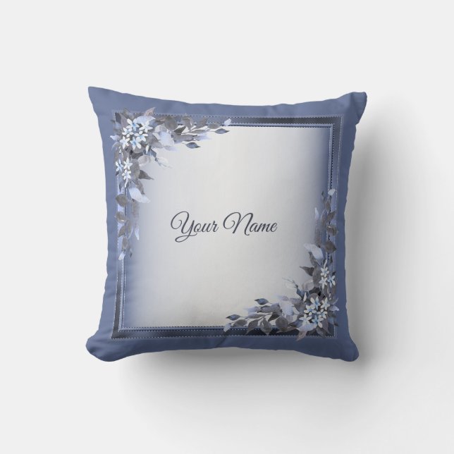Wedding Navy Blue Floral Silver Gray Party Elegant Throw Pillow (Front)