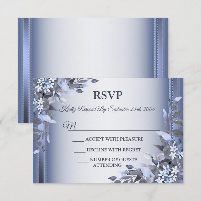 Wedding Navy Blue Floral Silver Gray Party RSVP Card (Front/Back)