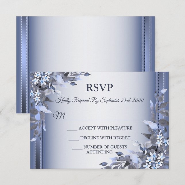 Wedding Navy Blue Floral Silver Gray Party RSVP Card (Front/Back)