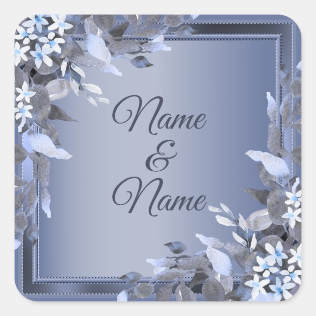 Wedding Navy Blue Floral Silver Gray Party Square Sticker (Front)