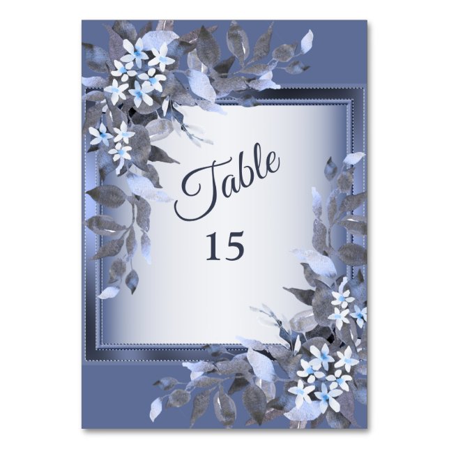 Wedding Navy Blue Floral Silver Gray Party Table Number (Front)