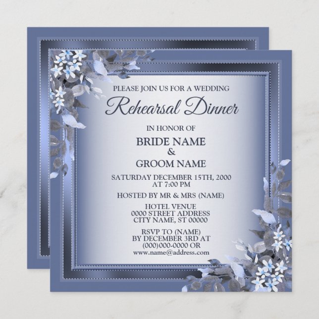 Wedding Navy Blue Floral Silver Rehearsal Dinner Invitation (Front/Back)