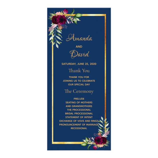 Wedding navy blue florals burgundy rack card (Front)