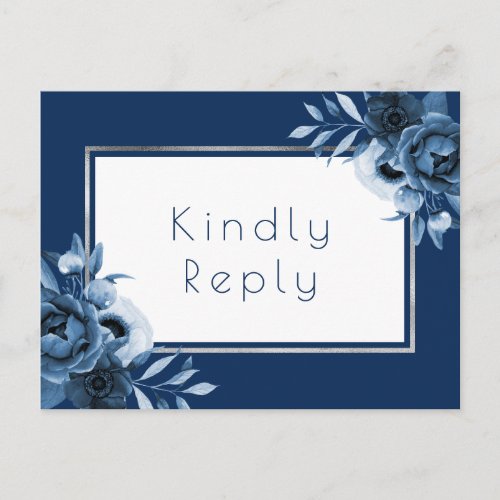 Wedding navy blue florals chic white silver RSVP Invitation Postcard