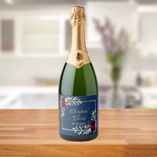 Wedding navy blue florals names sparkling wine label