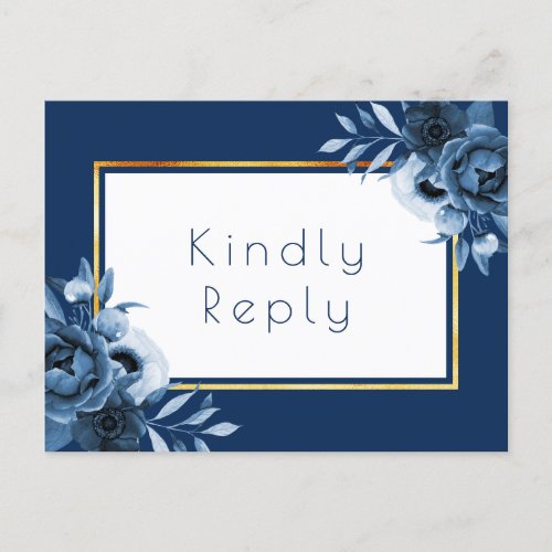 Wedding navy blue florals white gold RSVP Invitation Postcard