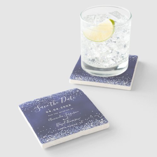 Wedding navy blue glitter Save the Date Stone Coaster