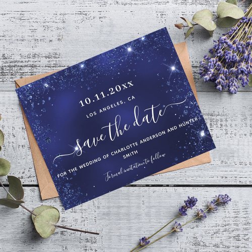 Wedding navy blue glitter sparkle budget save date flyer