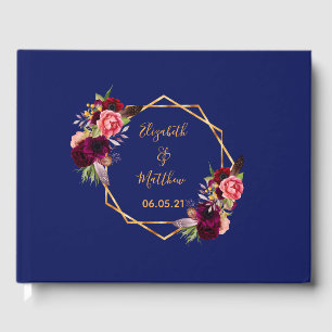 Wedding navy blue gold geometric floral burgundy guest book
