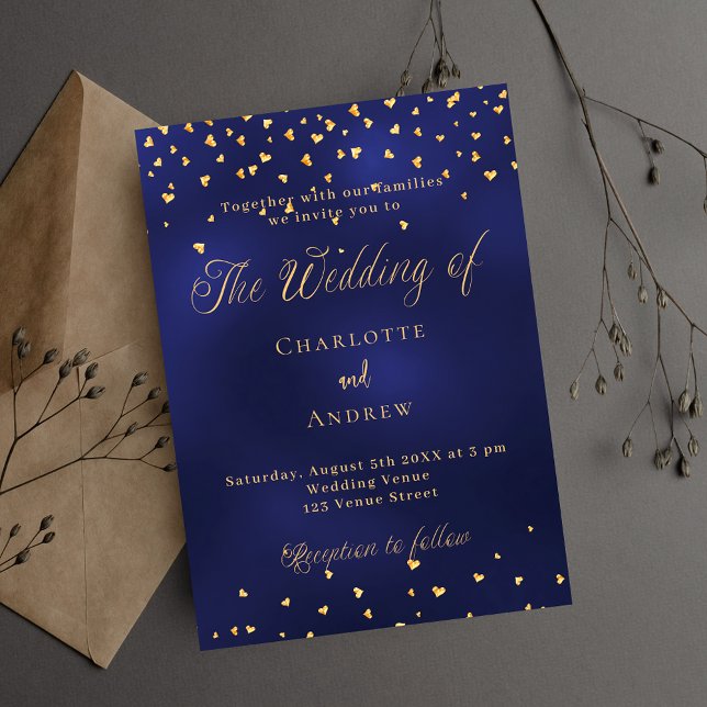 Wedding navy blue gold hearts elegant script invitation (Creator Uploaded)