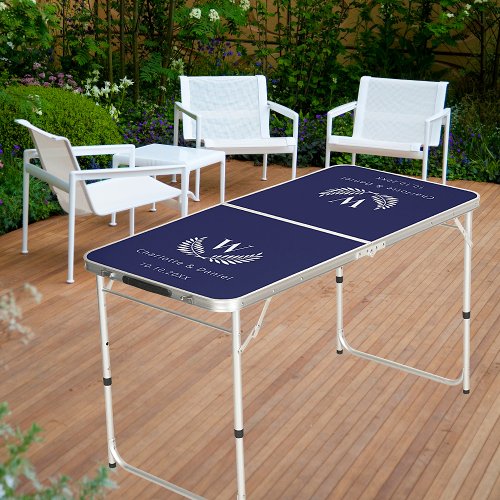 Wedding navy blue gold laurel wreath monogram beer pong table