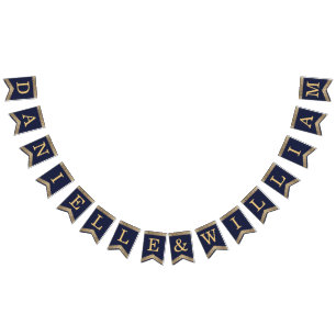 Wedding Navy Blue Gold Names Vintage Roses Elegant Bunting Flags