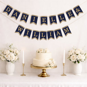 Wedding Navy Blue Gold Names Vintage Roses Elegant Bunting Flags