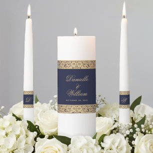 Wedding Navy Blue Gold Roses Vintage Elegant Unity Candle Set