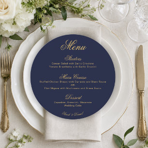 Wedding Navy Blue Gold Simple Calligraphy Round Menu