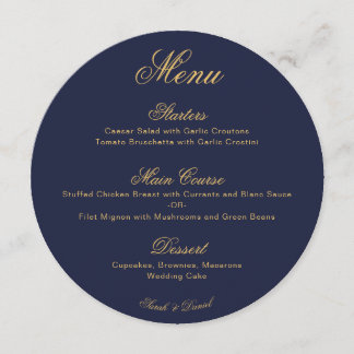 Wedding Navy Blue Gold Simple Calligraphy Round Menu