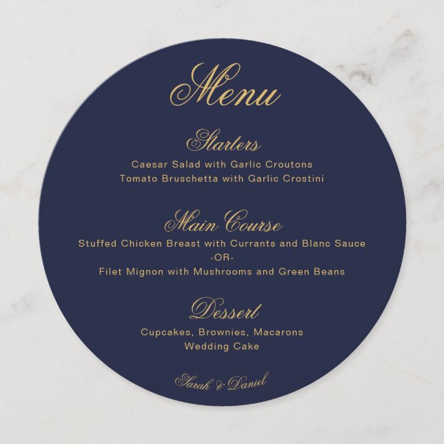 Wedding Navy Blue Gold Simple Calligraphy Round Menu (Front)