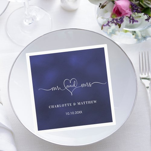 Wedding navy blue mr mrs heart script simple napkins