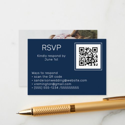 Wedding Navy Blue RSVP Online QR Code Photo   Enclosure Card
