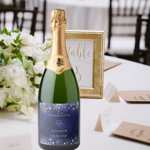 Wedding navy blue silver glitter bride groom sparkling wine label