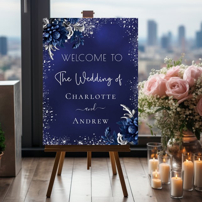 Wedding navy blue silver glitter flowers welcome foam board (Creator Uploaded)