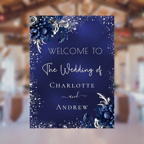 Wedding navy blue silver glitter flowers welcome poster