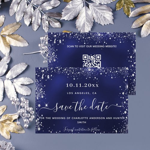 Wedding navy blue silver glitter QR code Save The Date