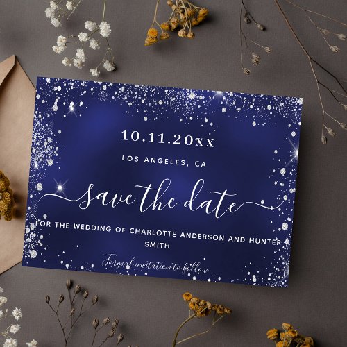 Wedding navy blue silver glitter save the date