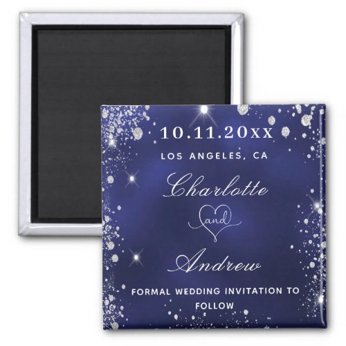 Wedding navy blue silver glitter save the date magnet