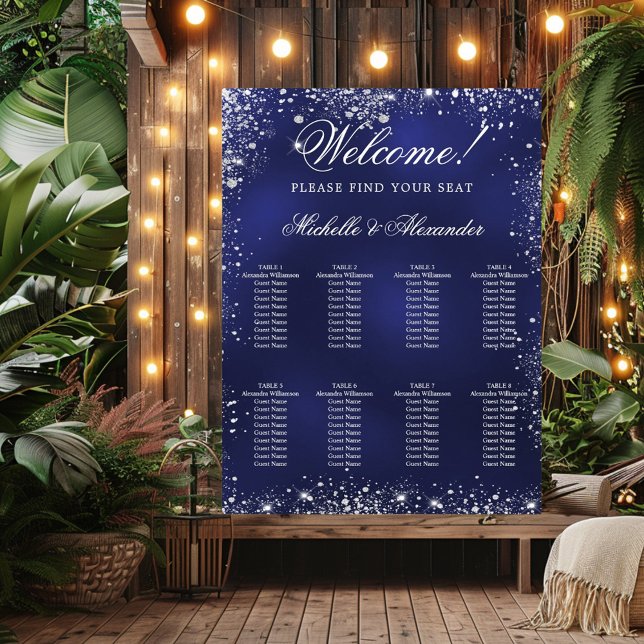 Wedding navy blue silver glitter seat chart (Creator Uploaded)