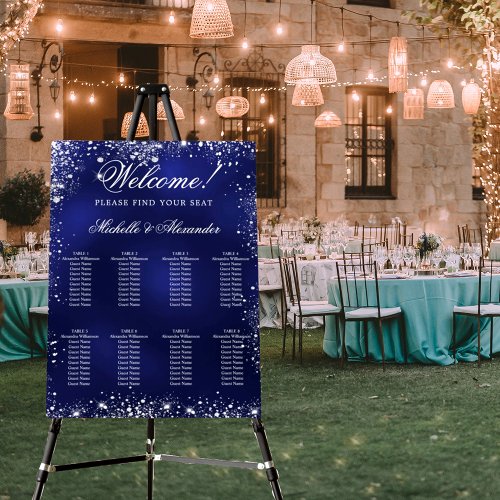 Wedding navy blue silver glitter seat chart foam board