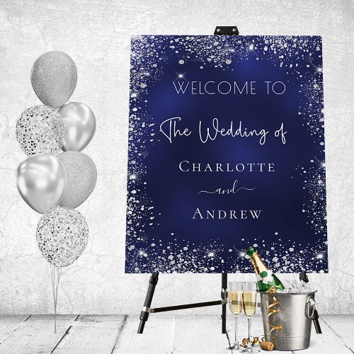 Wedding navy blue silver glitter welcome foam board