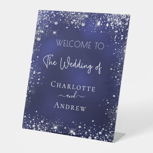 Wedding navy blue silver glitter welcome pedestal sign