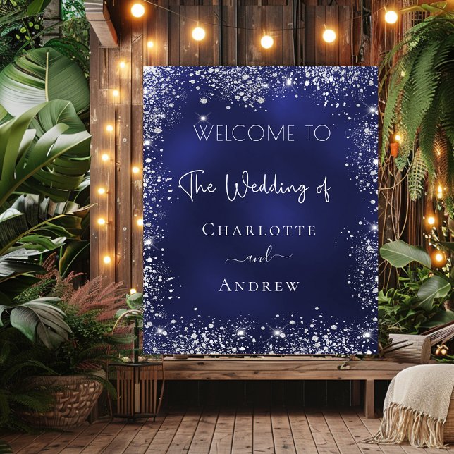 Wedding navy blue silver glitter welcome poster (Creator Uploaded)