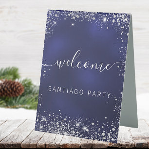 Wedding navy blue silver name script welcome table tent