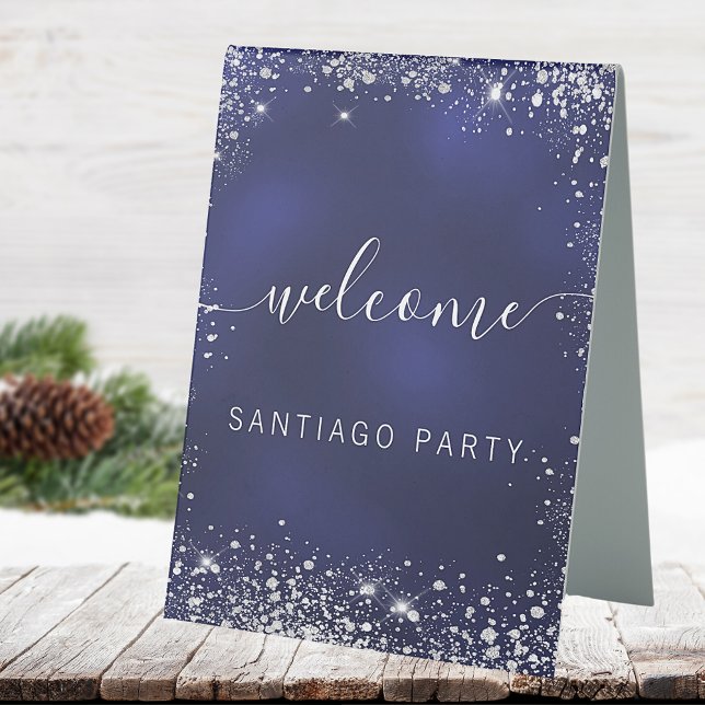 Wedding navy blue silver name script welcome table tent (Creator Uploaded)