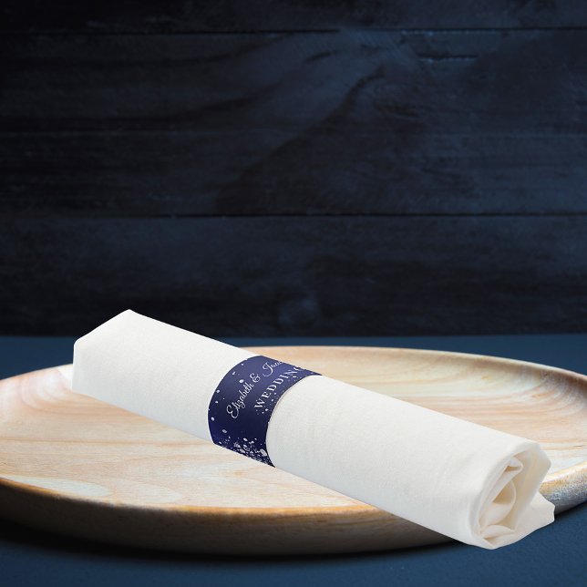 Wedding navy blue silver names dinner napkin bands (Creator Uploaded)