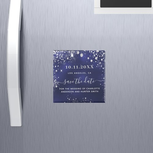 Wedding navy blue silver save the date magnet