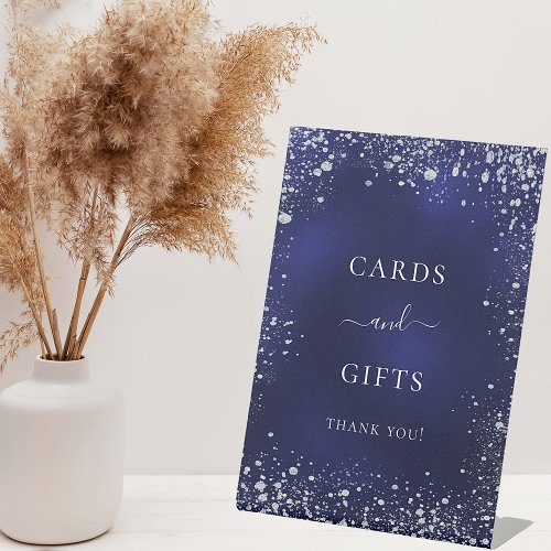 Wedding navy blue silver sparkles cards gifts pedestal sign