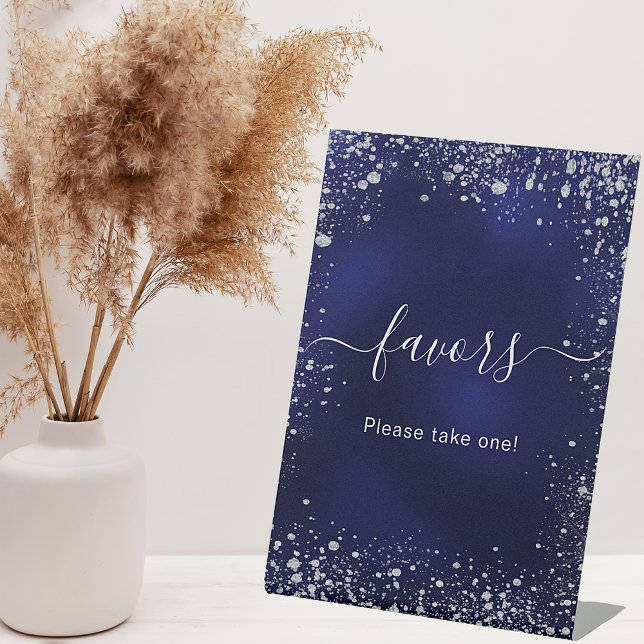 Wedding navy blue silver sparkles favors pedestal sign (Creator Uploaded)
