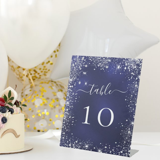 Wedding navy blue silver table number pedestal sign (Creator Uploaded)