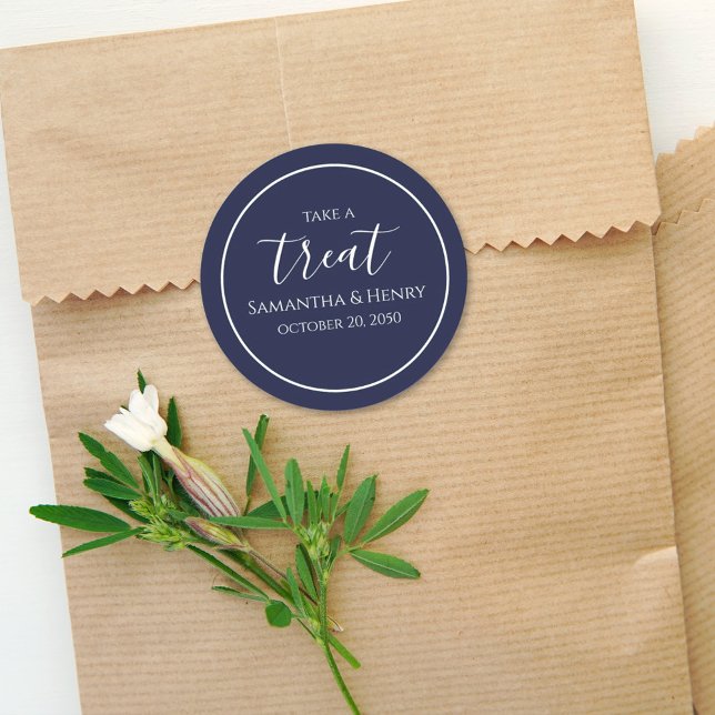 Wedding Navy Blue Simple Calligraphy Script Treat Classic Round Sticker (Creator Uploaded)