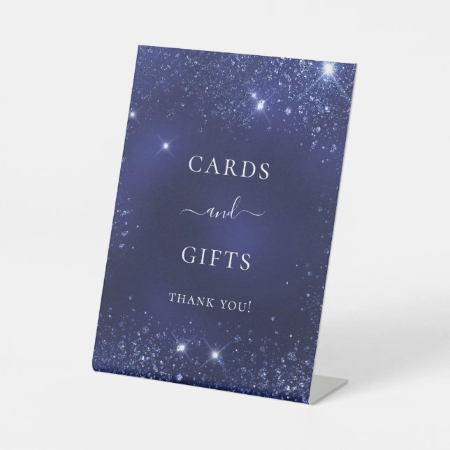 Wedding navy blue sparkles cards gifts pedestal sign (Front)